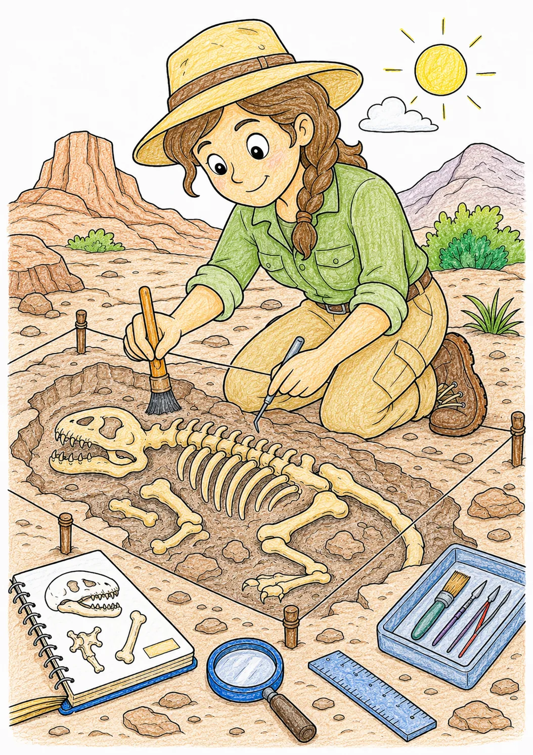 Paläontologin legt Fossil in der Ausgrabungsstätte frei