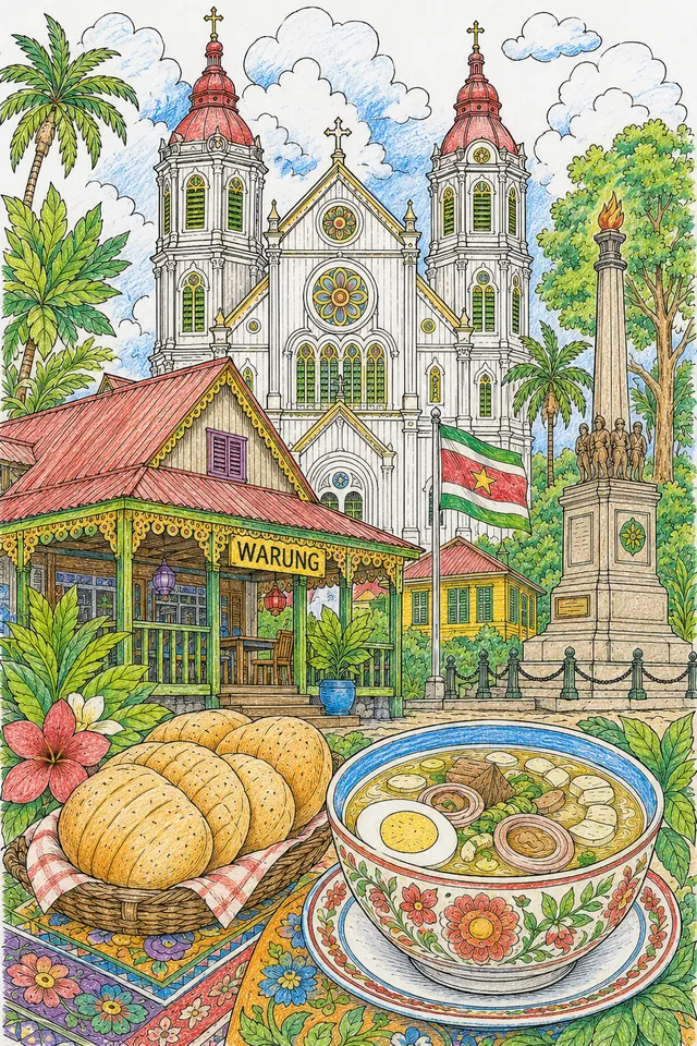 Paramaribo: colonial verandah wood / cathedral neo-gothic twin spires / Warung steam colourful / Roti soft golden / Saoto soup golden / Palmentuin royal palms