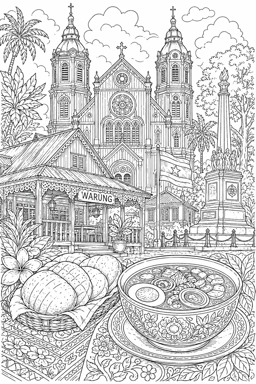 Paramaribo: colonial verandah wood / cathedral neo-gothic twin spires / Warung steam colourful / Roti soft golden / Saoto soup golden / Palmentuin royal palms
