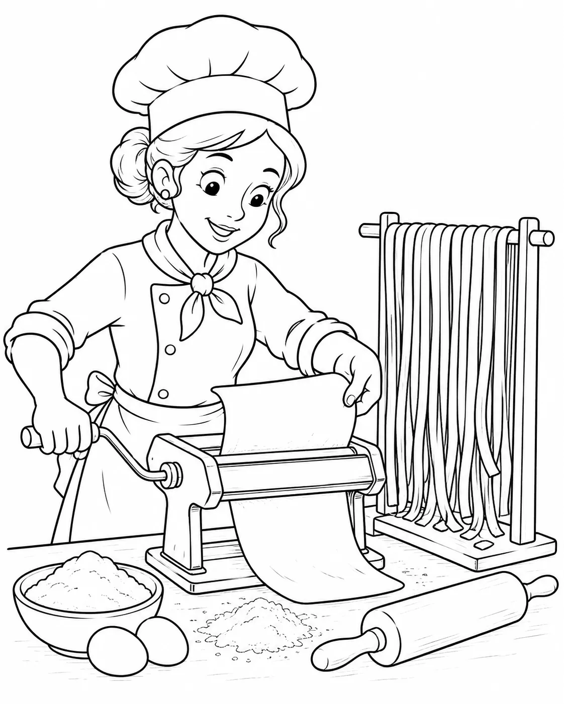 Ausmalvorlage: Pasta-Köchin bedient Nudelmaschine mit hängenden Tagliatelle