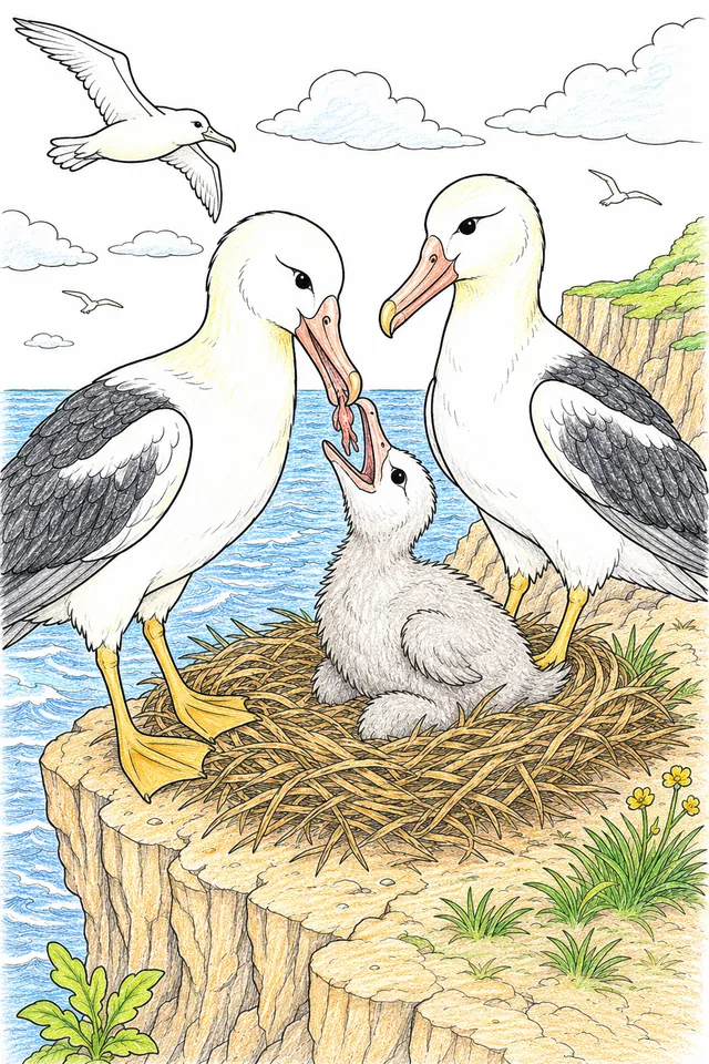 Albatros-Eltern füttern Küken am Kliff – So könnte es aussehen