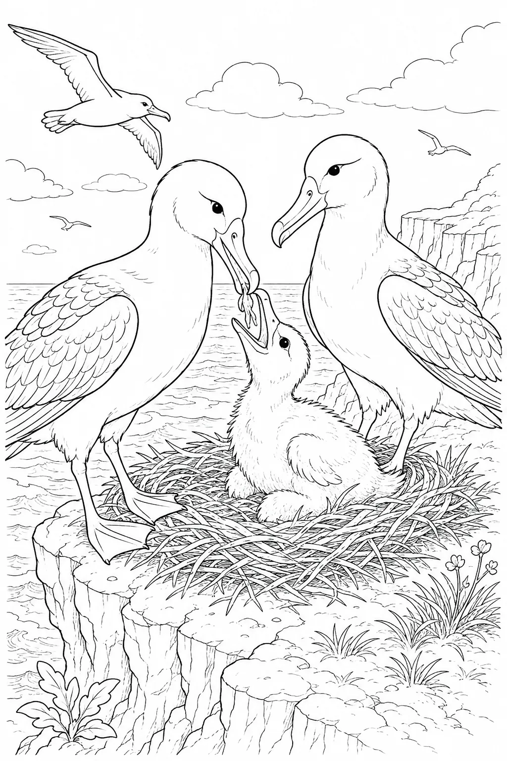 Ausmalbild: Albatros-Elternpaar füttert sein Küken am Nest auf einem Steilkliff
