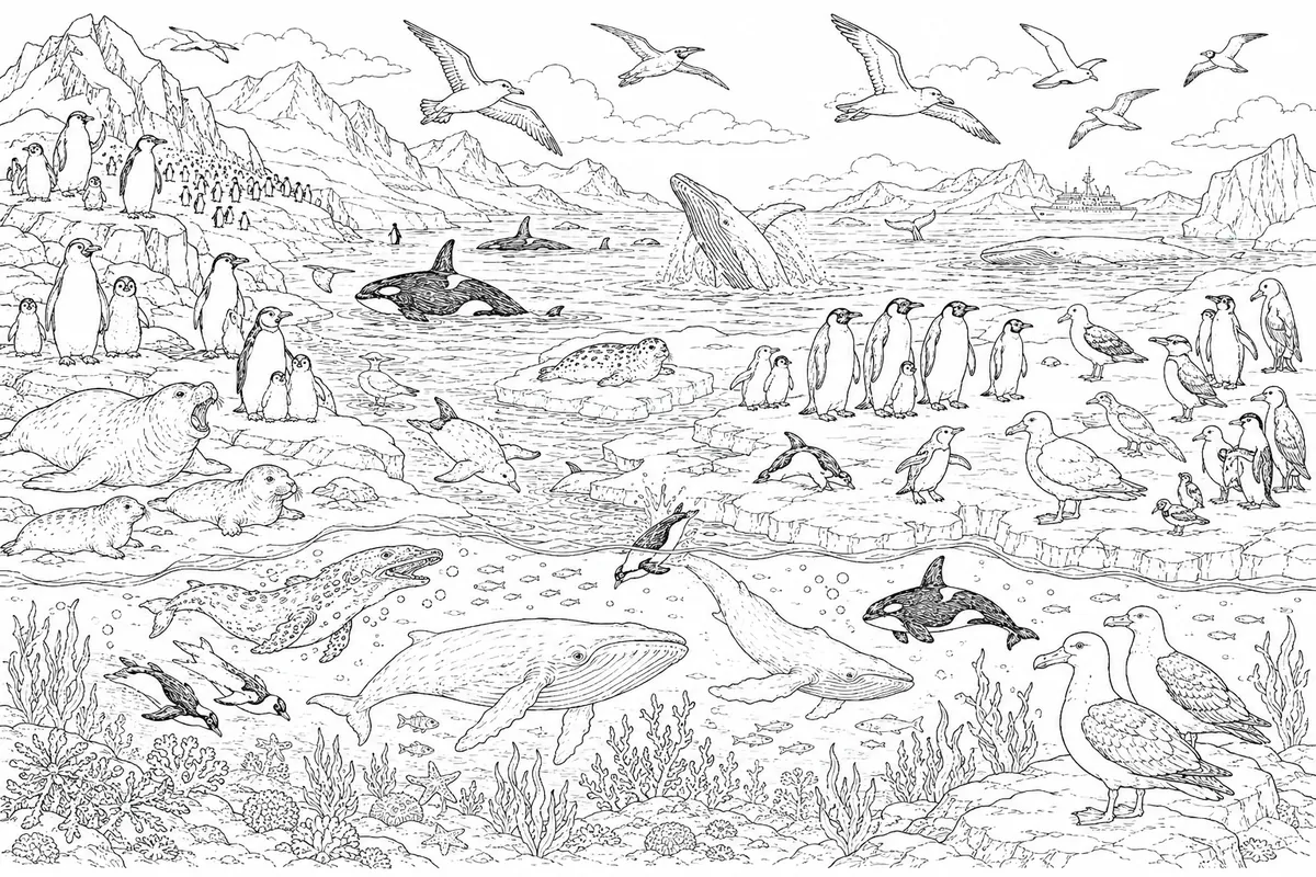 涂色页：一幅图中有企鹅、鲸鱼和海豹的南极野生动物宽幅全景