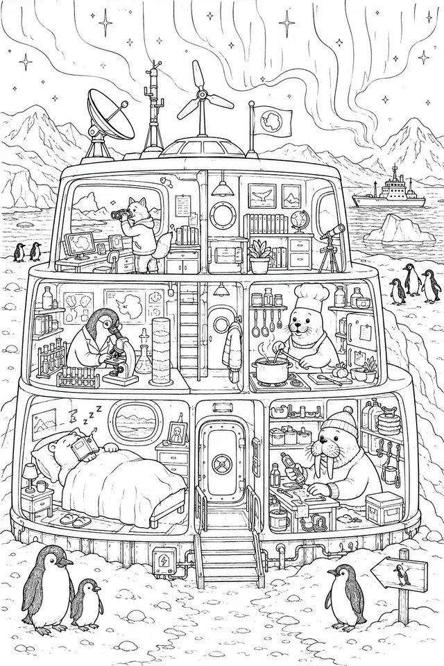 南极站横截面与动物研究员