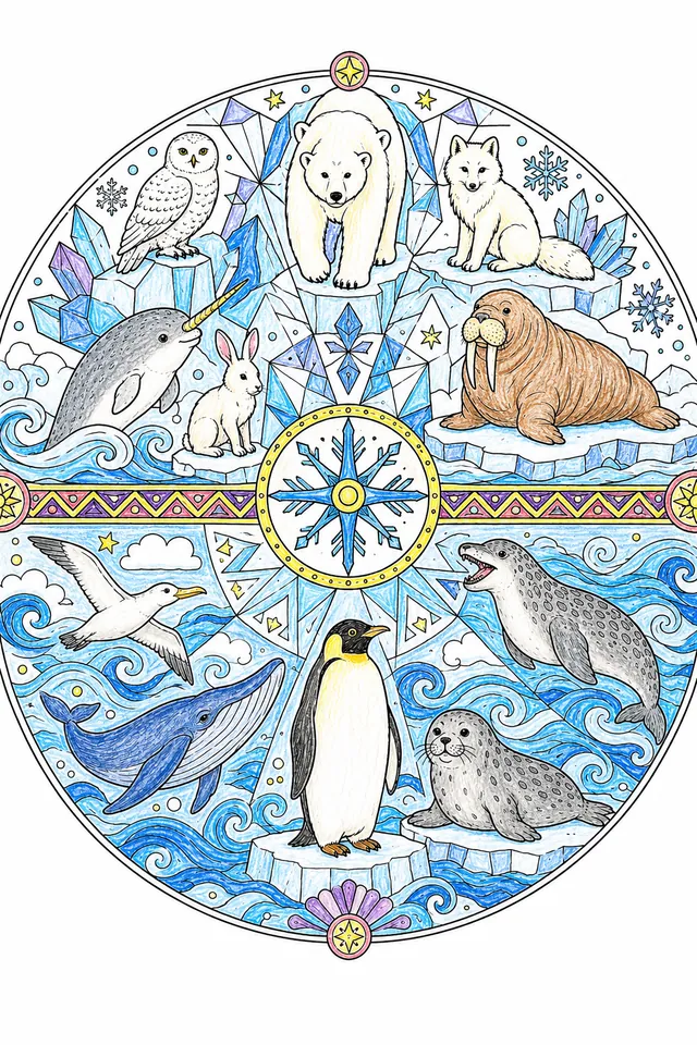 Ausmalbild: Kreisförmiges Mandala mit Arktis-Tieren oben und Antarktis-Tieren unten