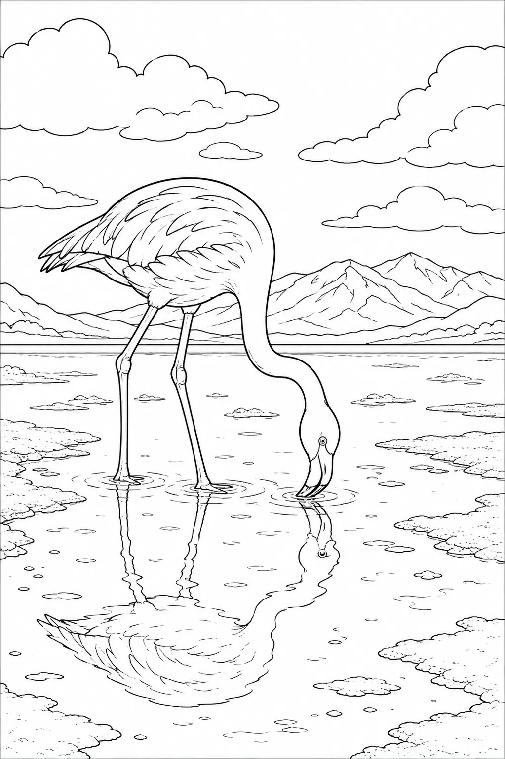Ausmalbild: Eleganter Flamingo steht spiegelnd im weißen Salzflat eines patagonischen Sees