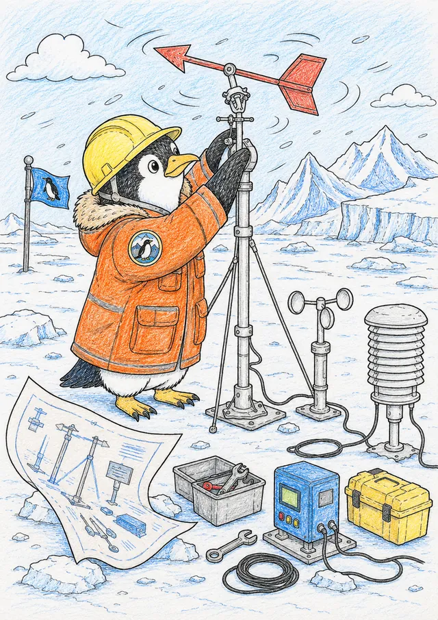 Ausmalbild: Pinguin in Schutzausrüstung montiert eine Windmessstation auf antarktischem Eis