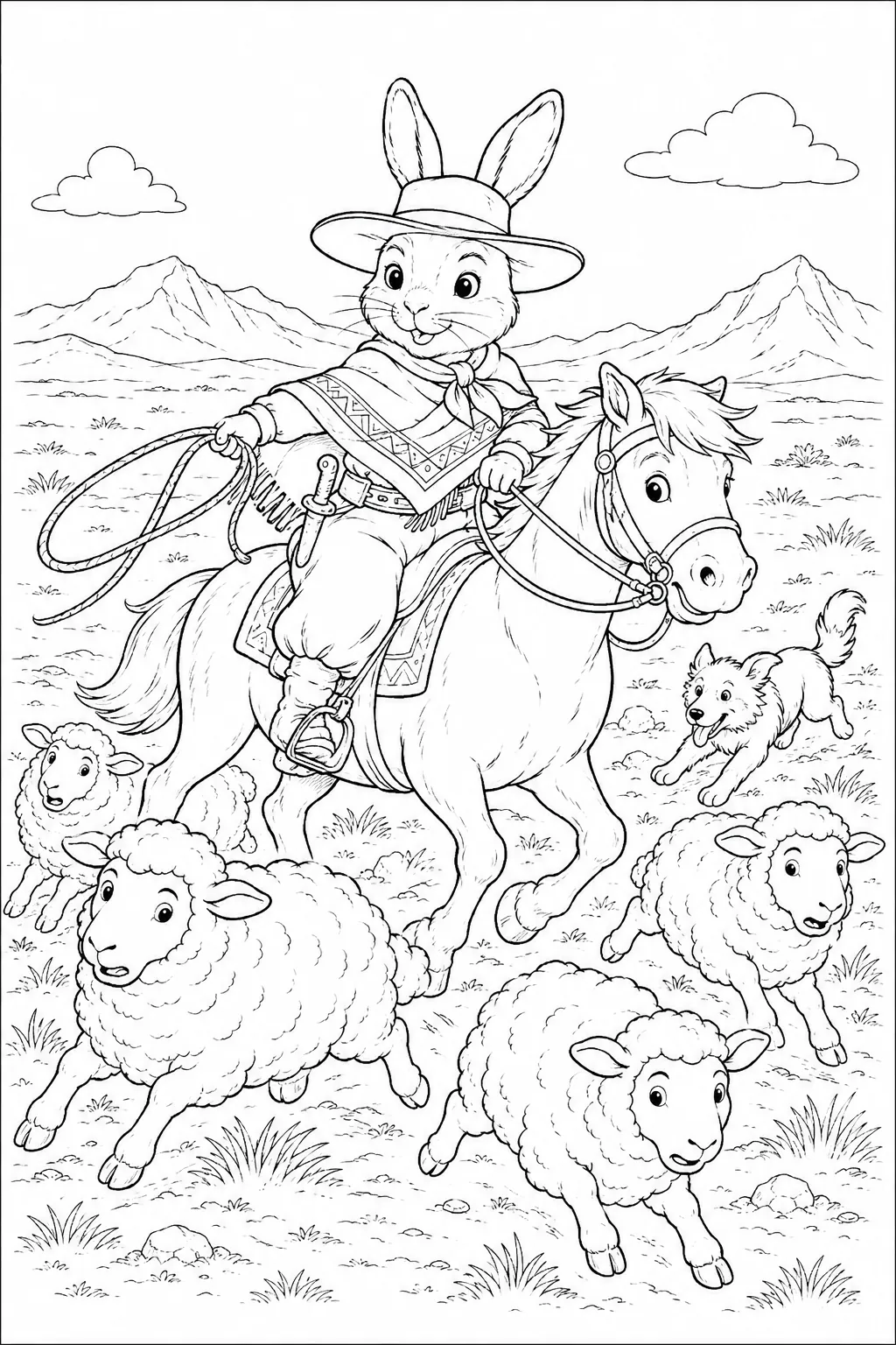 涂色页：兔子作为高乔骑马在巴塔哥尼亚草原上驱赶一群蓬松绵羊