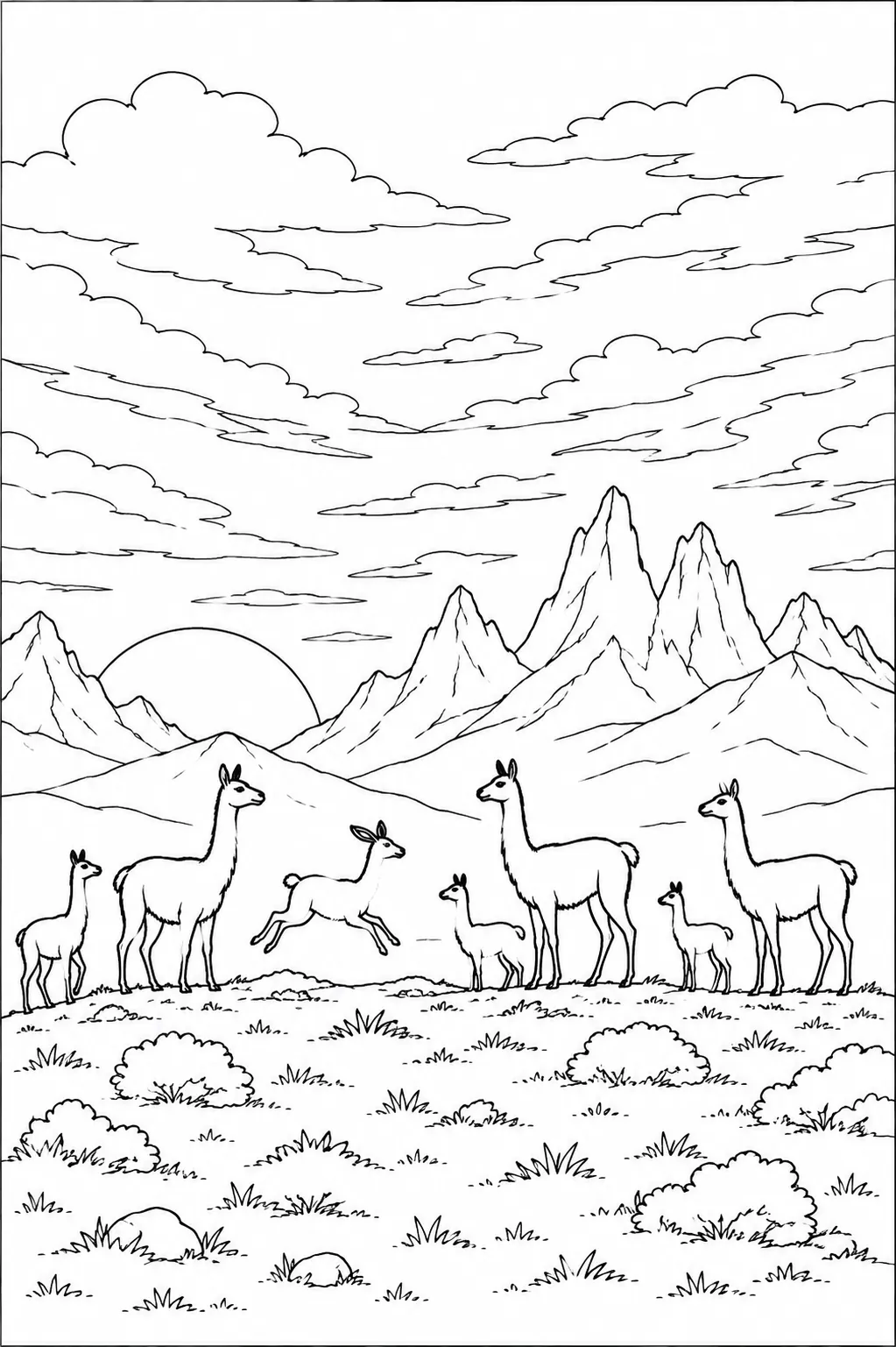 Coloring page: guanaco silhouettes moving through Patagonian sunset in orange and gold