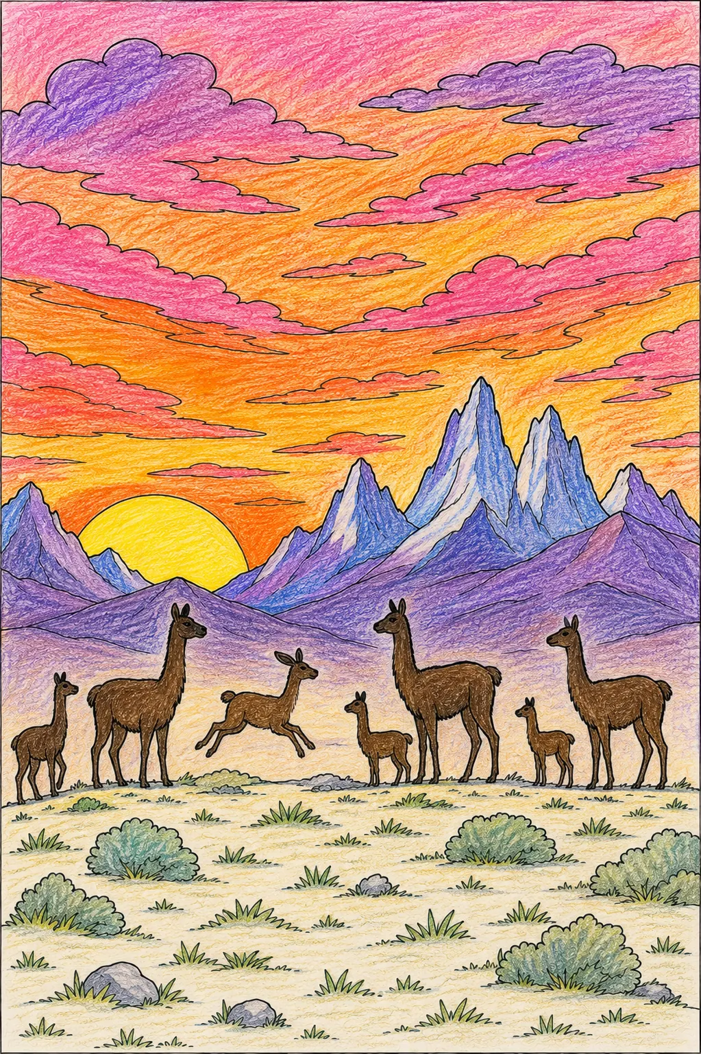 Guanaco Herd in Sunset