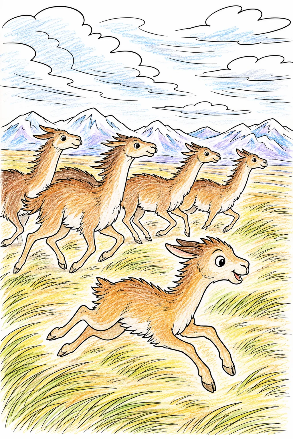 Guanako-Herde läuft durch patagonischen Wind