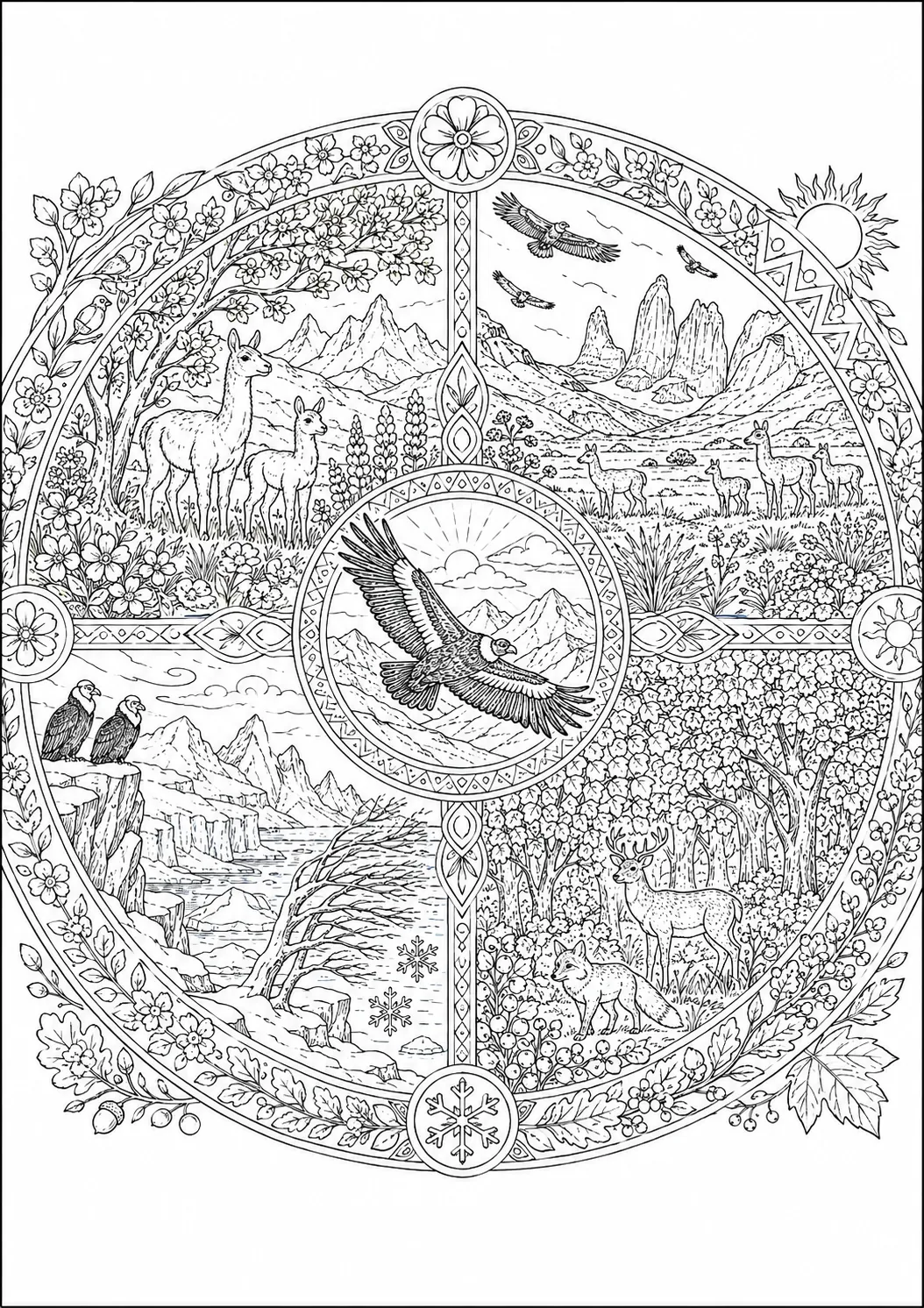 Ausmalbild: Kreisrundes Mandala mit Patagoniens vier Jahreszeiten und zentralem Kondor