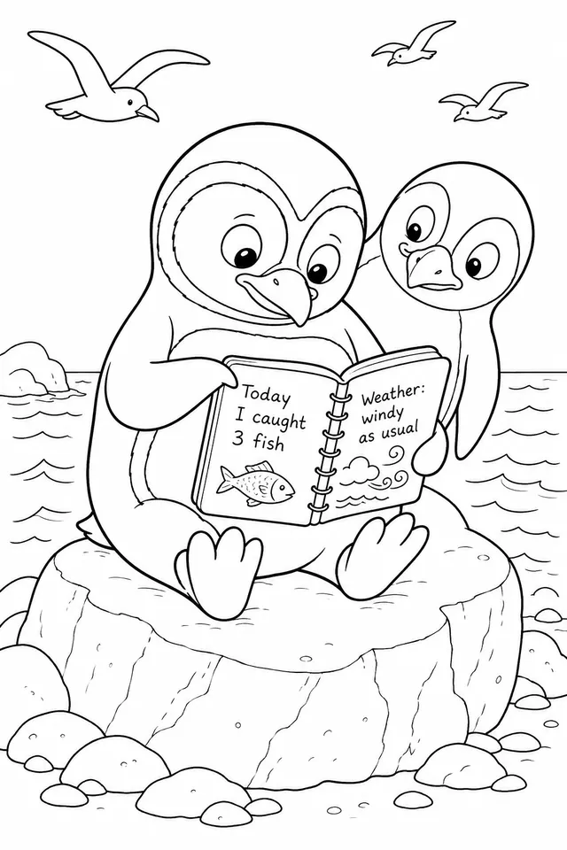 Pequeño pingüino mirando su diario