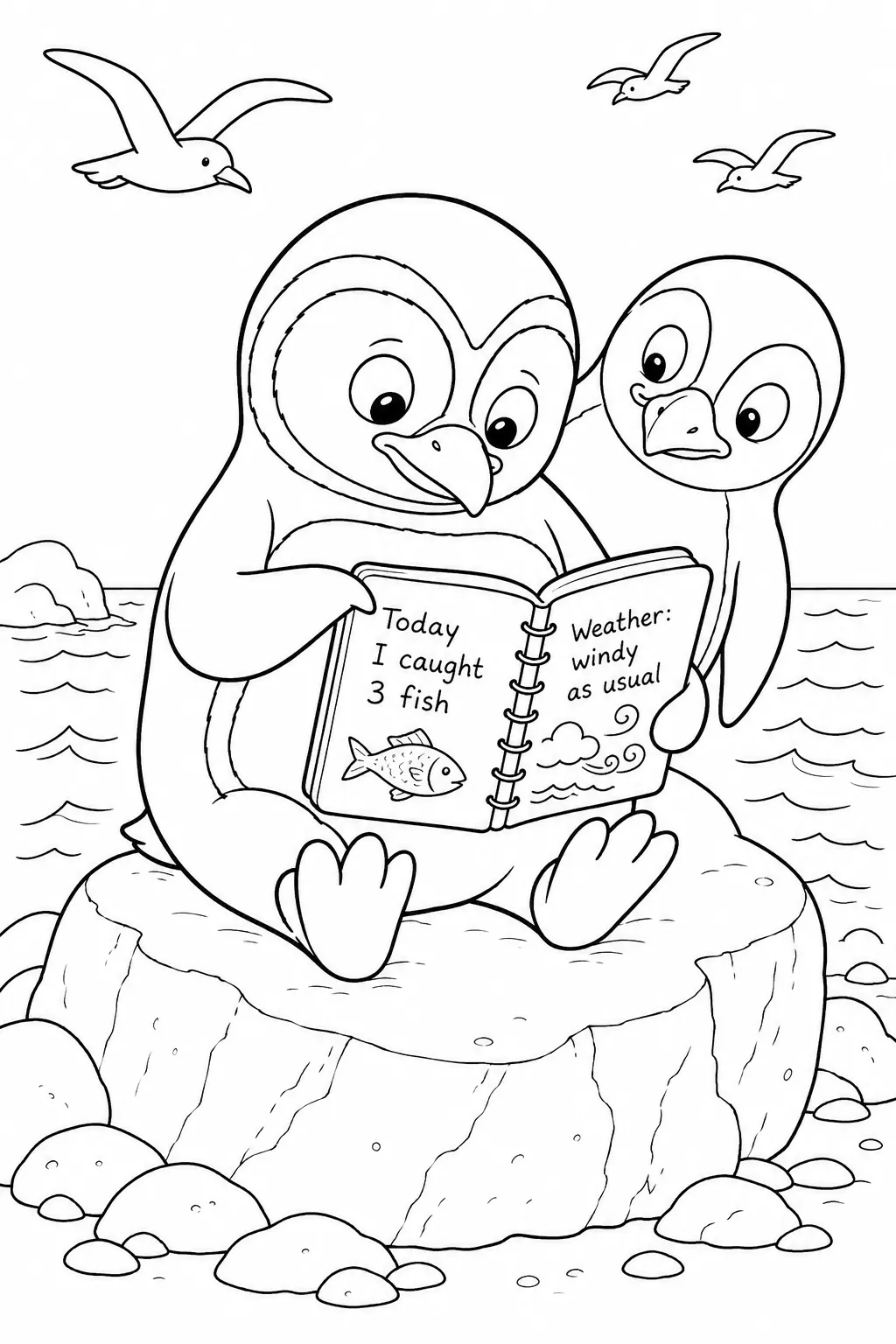 Ausmalbild: Kleiner Pinguin sitzt auf Fels und liest konzentriert sein Tagebuch am Meer