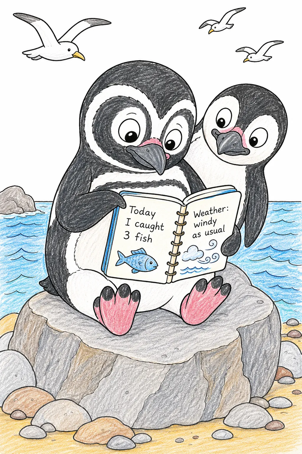 Kleiner Pinguin schaut ins Tagebuch