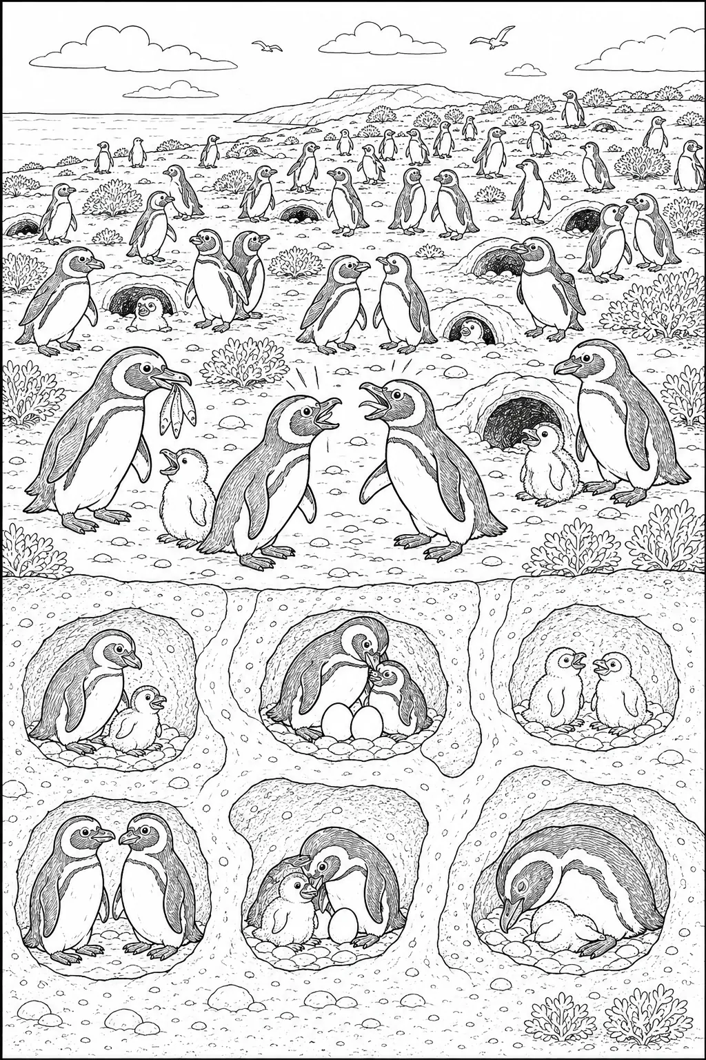 Ausmalbild: Magellan-Pinguin-Kolonie mit Querschnitt durch Burgen-Netz unter der Erde