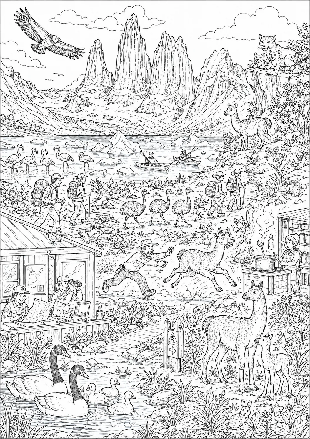 涂色页：托雷斯德尔潘恩公园的寻找图，有塔前的野生动物和徒步者