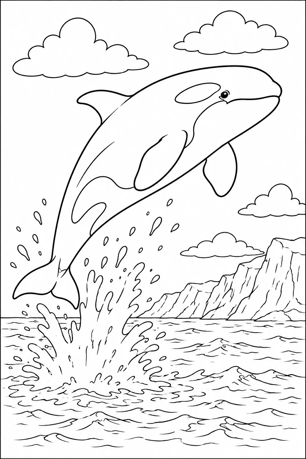 Ausmalbild: Riesiger Orca springt vollständig aus dem Wasser mit Wasserspritzern darunter