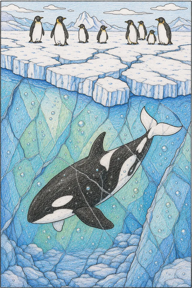 Ausmalbild: Großer Orca schwimmt durch blaugrünes Wasser unter einer Eisdecke mit Pinguinen darauf