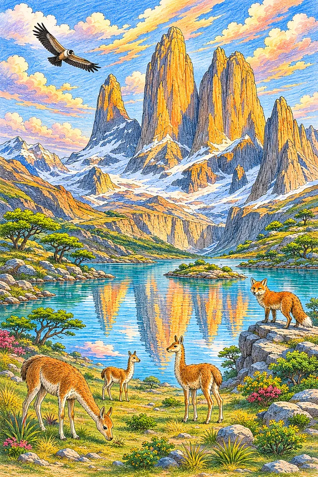 Ausmalbild: Dramatische Torres del Paine Granittürme spiegeln sich im türkisfarbenen See mit Kondor