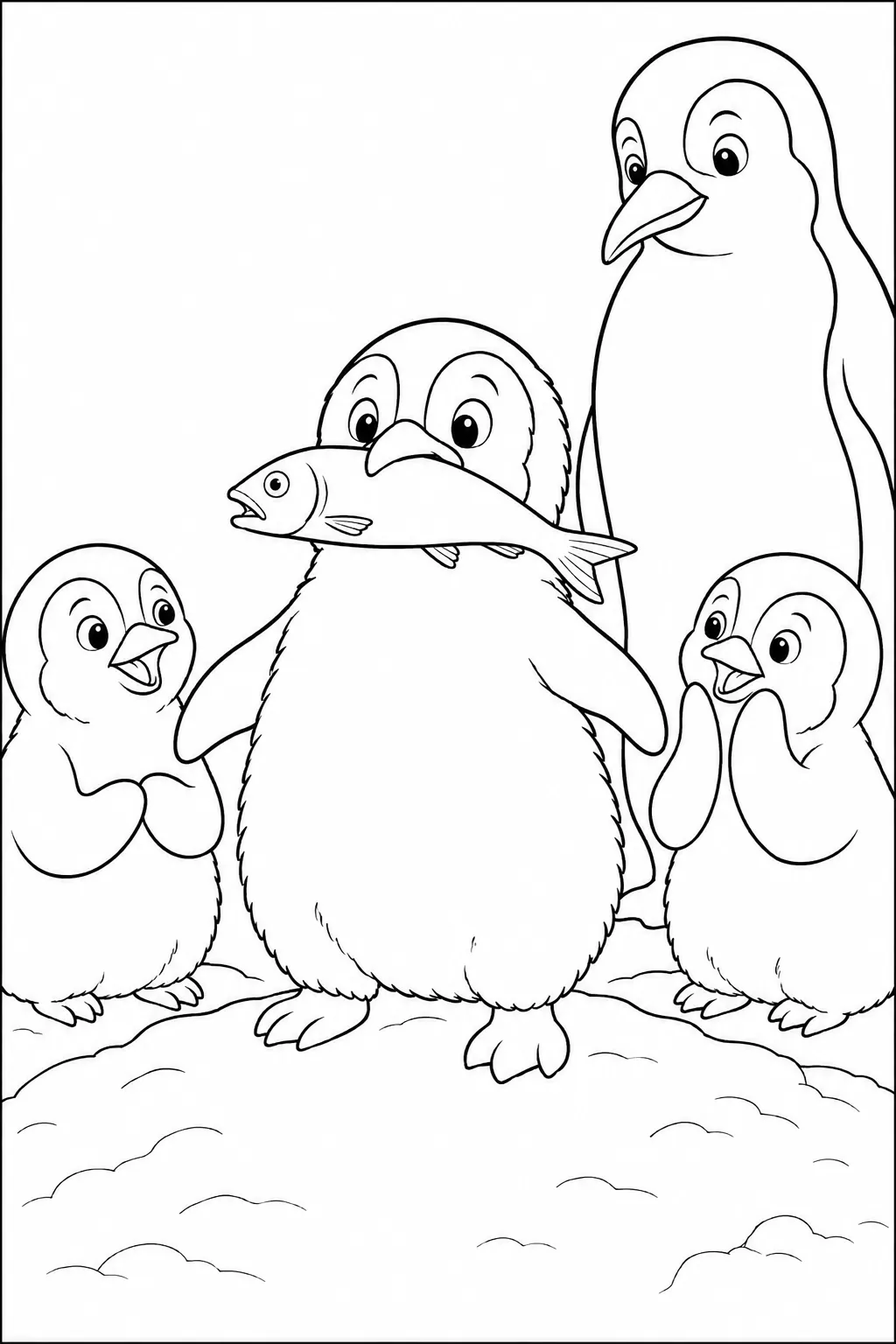 Ausmalbild: Kleines Pinguin-Küken steht stolz aufrecht mit einem großen Fisch im Schnabel