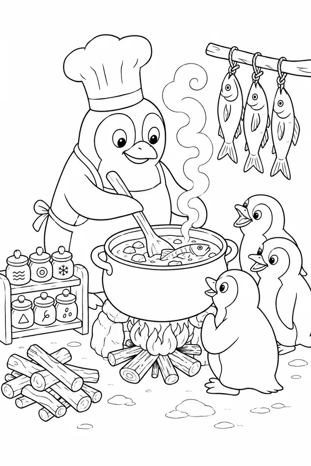 Cocinero pingüino cocinando estofado de pescado