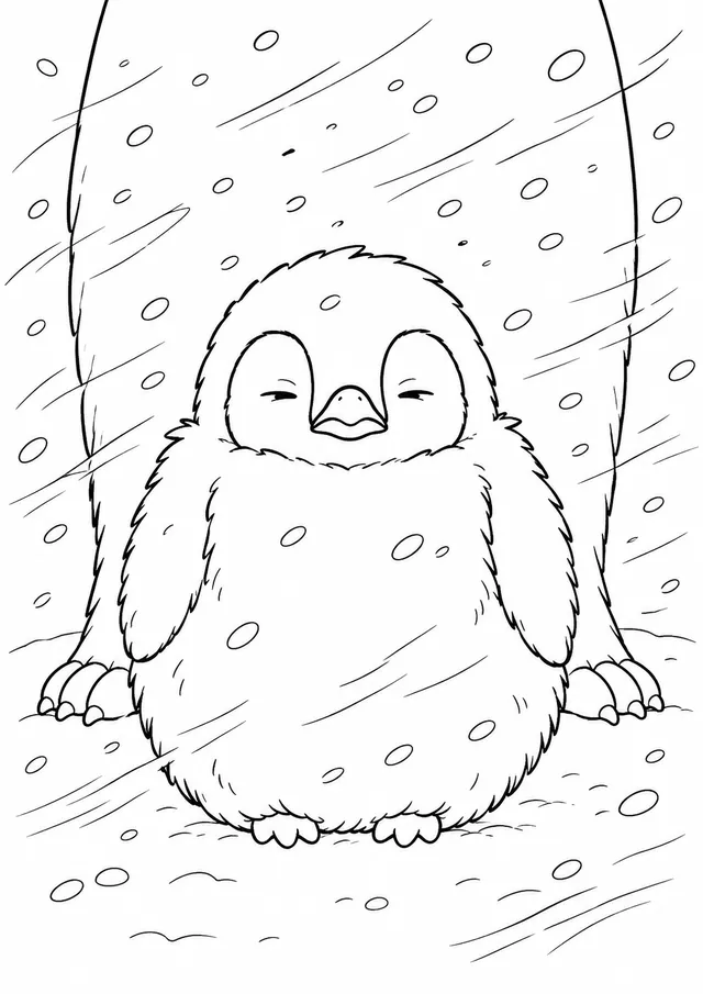 Kleines Pinguin-Küken friert im Schneesturm