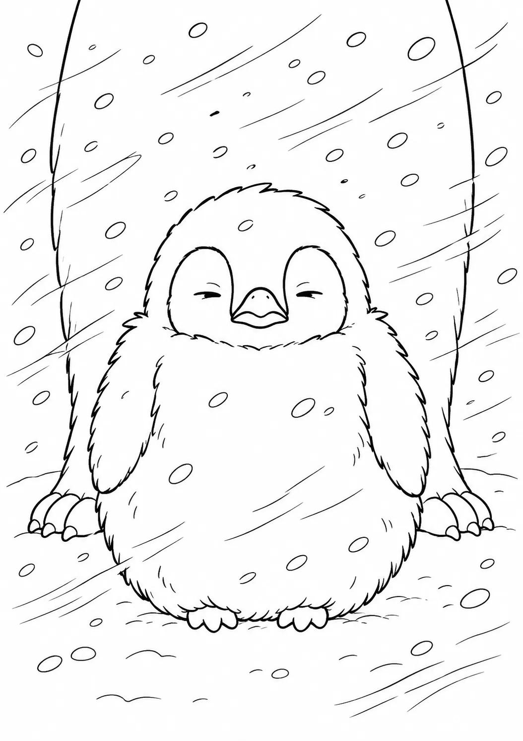 Coloring page: tiny penguin chick standing puffed up with dignity in the middle of a raging snowstorm