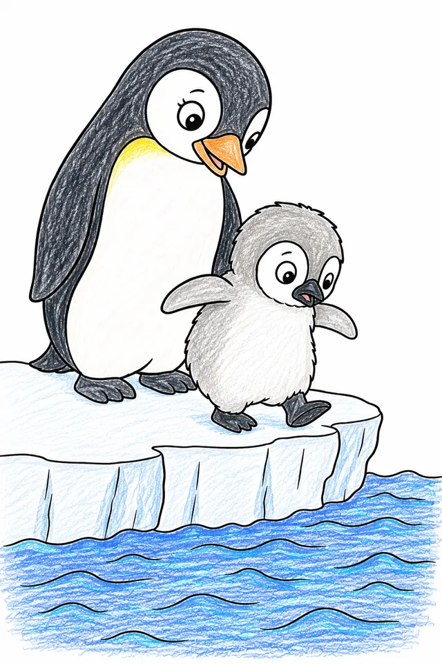 Ausmalbild: Zögerliches Pinguin-Küken am Eisrand kurz vor dem ersten Sprung ins Wasser, Mama dahinter