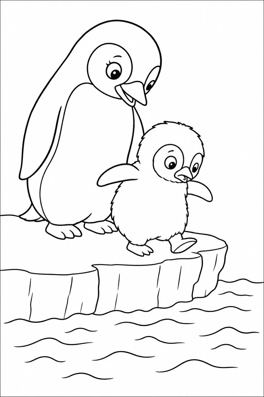 Ausmalbild: Zögerliches Pinguin-Küken am Eisrand kurz vor dem ersten Sprung ins Wasser, Mama dahinter