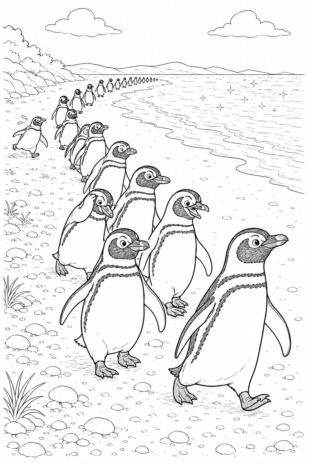 Ausmalbild: Lange Reihe Pinguine marschiert in Einzelreihe am patagonischen Strand entlang