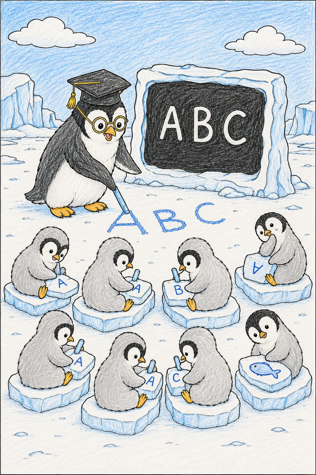Pinguin-Schule lernt Buchstaben im Schnee