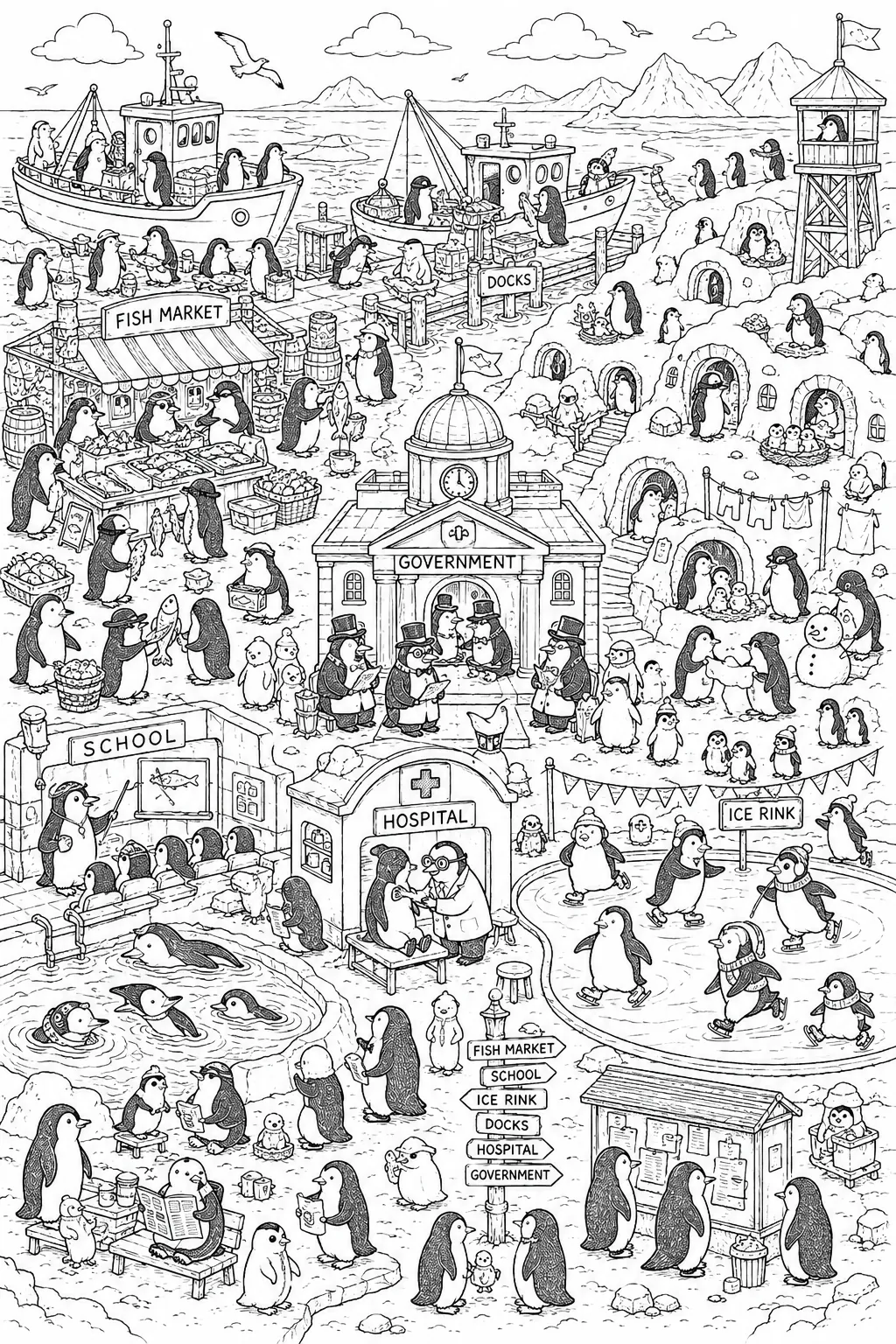 Ausmalbild: Wimmelbild eines Pinguin-Ministaats mit Markt, Schule und Regierung auf dem Eis