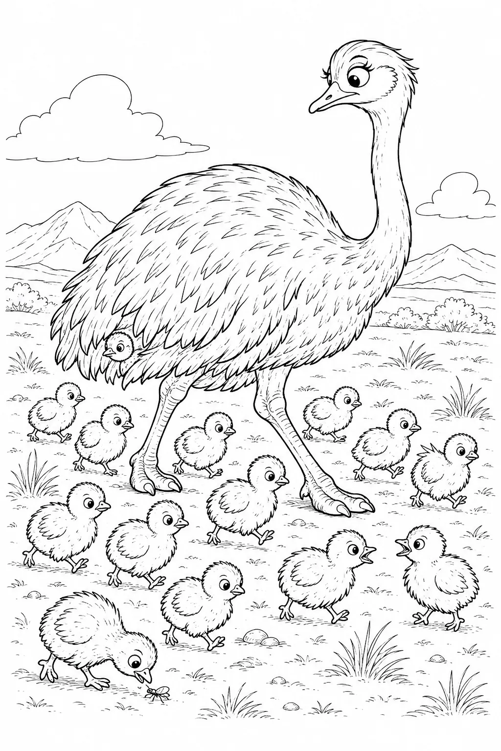 Ausmalbild: Große Rhea mit einer Wolke winziger Küken auf der patagonischen Steppe
