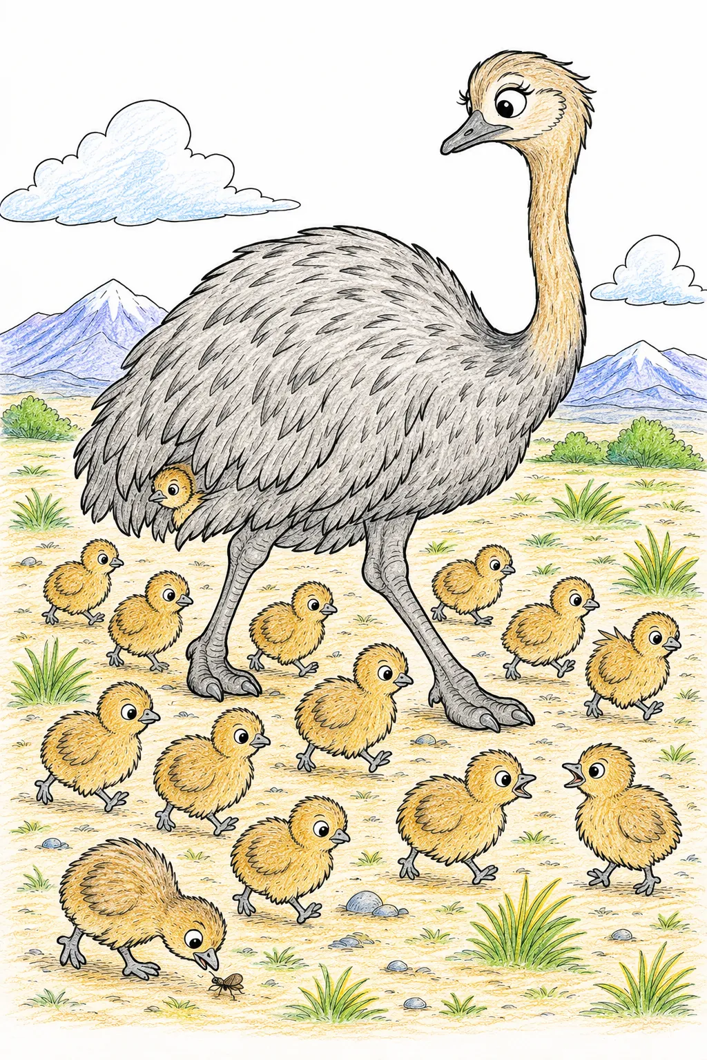 Rhea-Vogel-Mutter führt Küken