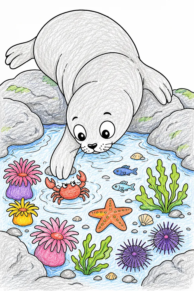 涂色页：小海豹好奇地看着充满海洋生物的彩色岩石水坑