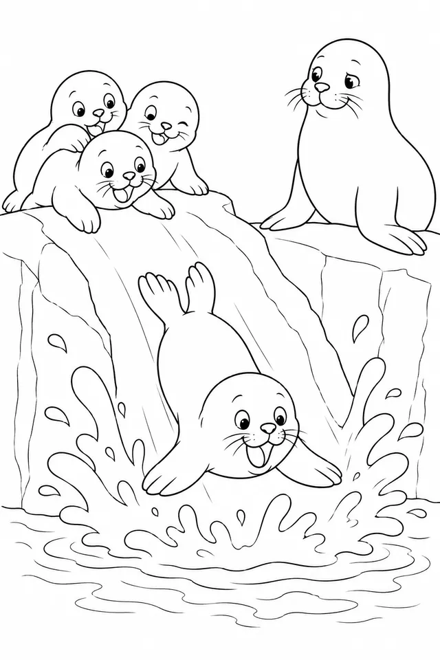 Seelöwen-Baby rutscht Eisrutsche runter