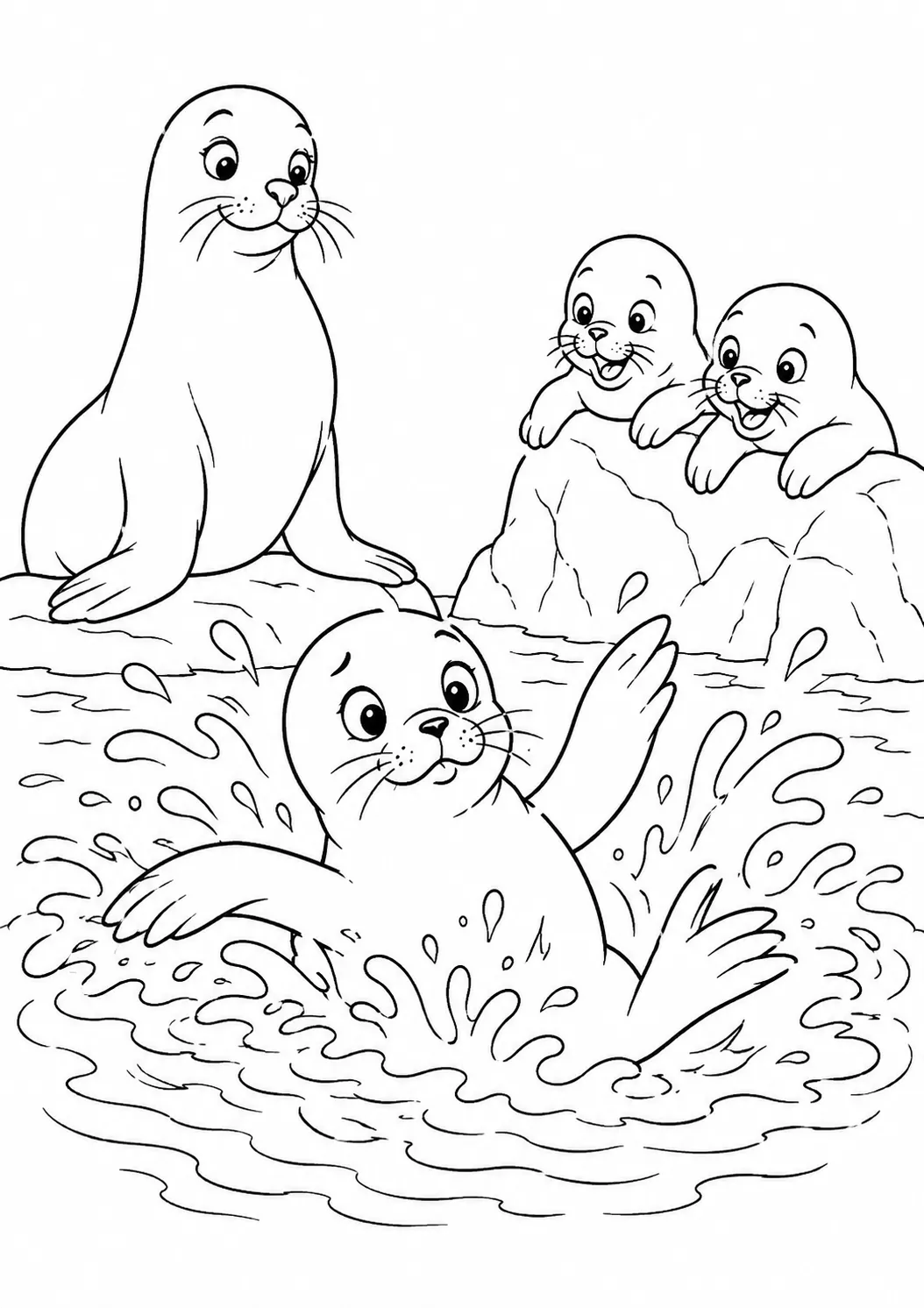 Ausmalbild: Kleines Seelöwenjunges paddelt aufgeregt und unkoordiniert im Wasser