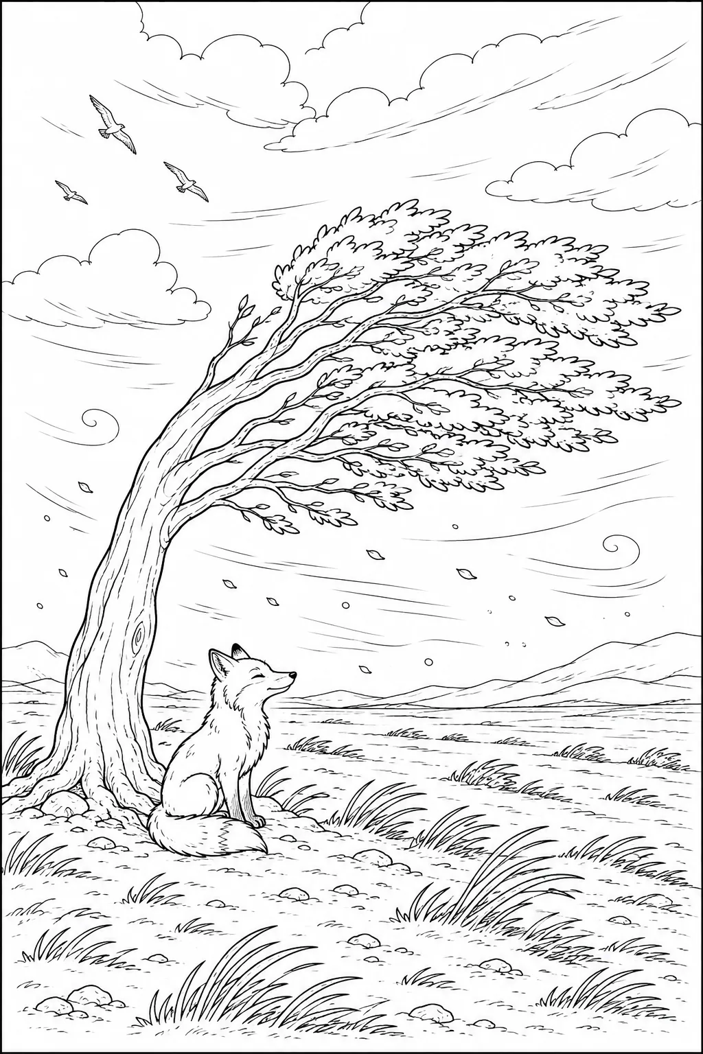 Ausmalbild: Einsamer Patagonien-Baum stark nach Osten geneigt vom Wind, Fuchs sitzt darunter