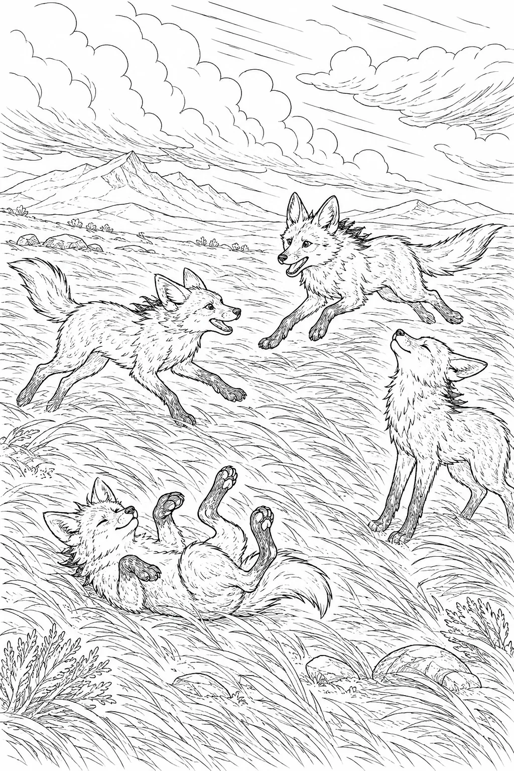 Ausmalbild: Mähnenwölfe spielen ausgelassen in einem stürmischen Wind in der patagonischen Steppe