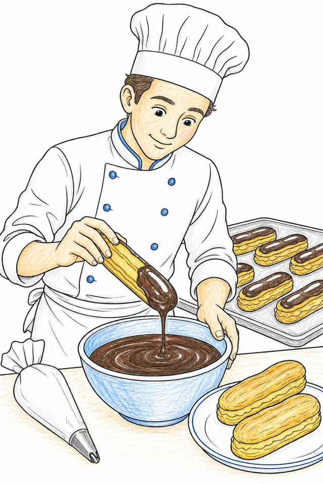 Ausmalvorlage: Pâtissier glasiert Éclair mit Fondant-Glasur