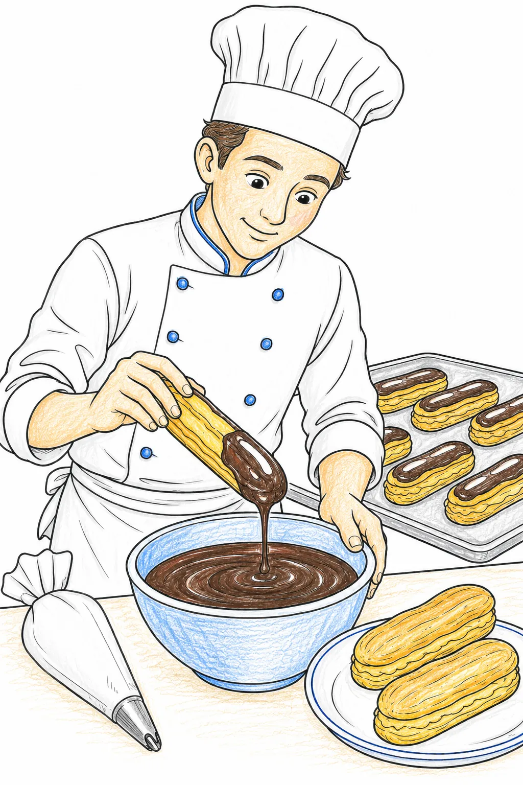 Pâtissier glasiert Éclairs mit Fondant