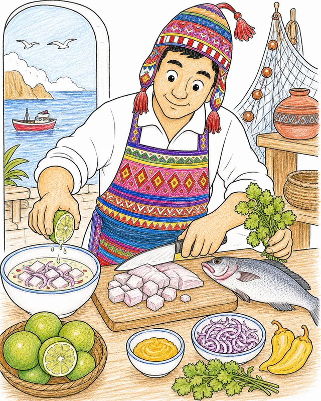 Ausmalseite: Peruanischer Koch schneidet Fisch auf Brett für Ceviche, Limetten und Chili daneben
