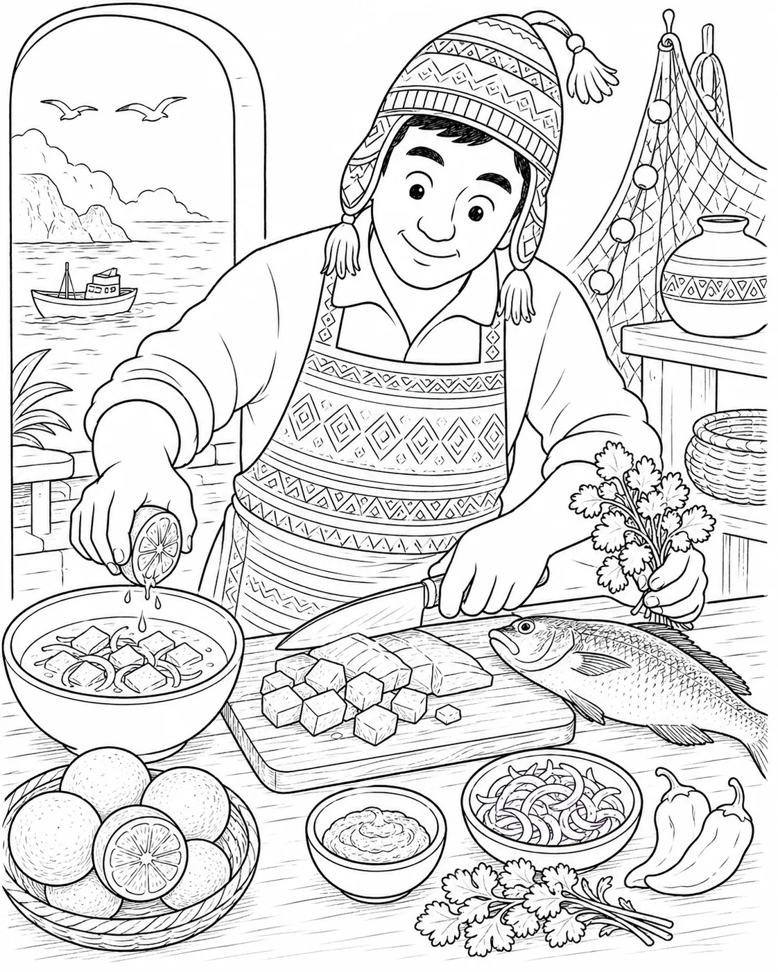 填色页：秘鲁厨师在砧板上切鱼制作酸橘汁腌鱼，旁边有青柠和辣椒