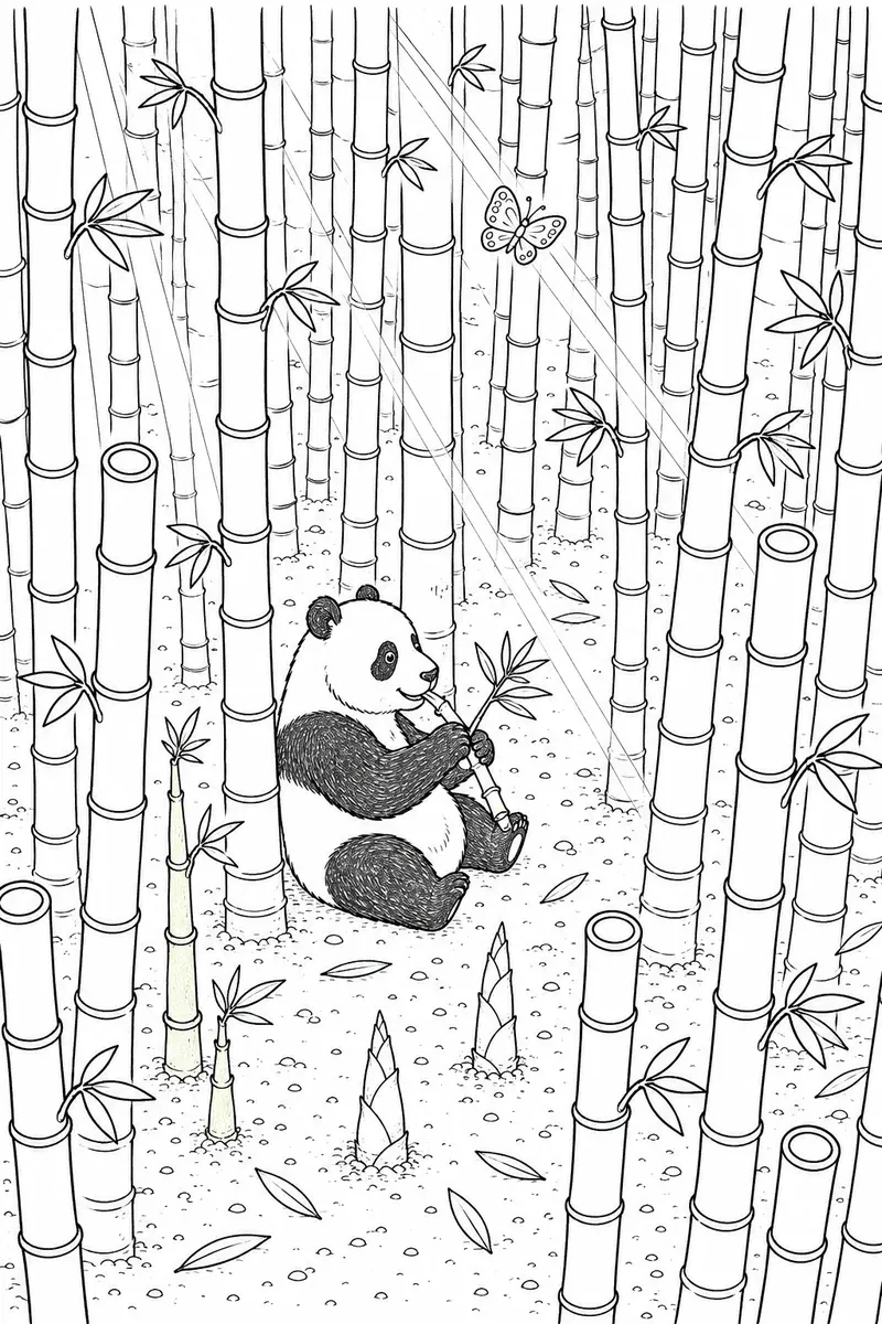 Dichter Bambushain mit vierzig Stielen in Tiefenwirkung, ein Großer Panda sitzt im Zentrum und frisst einen Bambussprossen