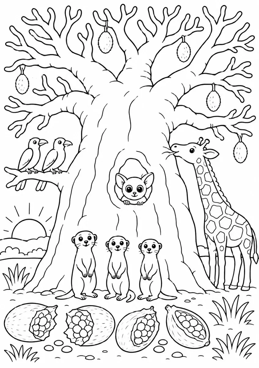 Great baobab tree with swollen trunk and upside-down branches, three meerkats at base and a giraffe