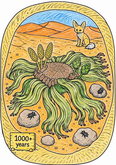 Welwitschia with two wind-shredded strap-leaves in Namib desert-frame with stones and a Cape fox