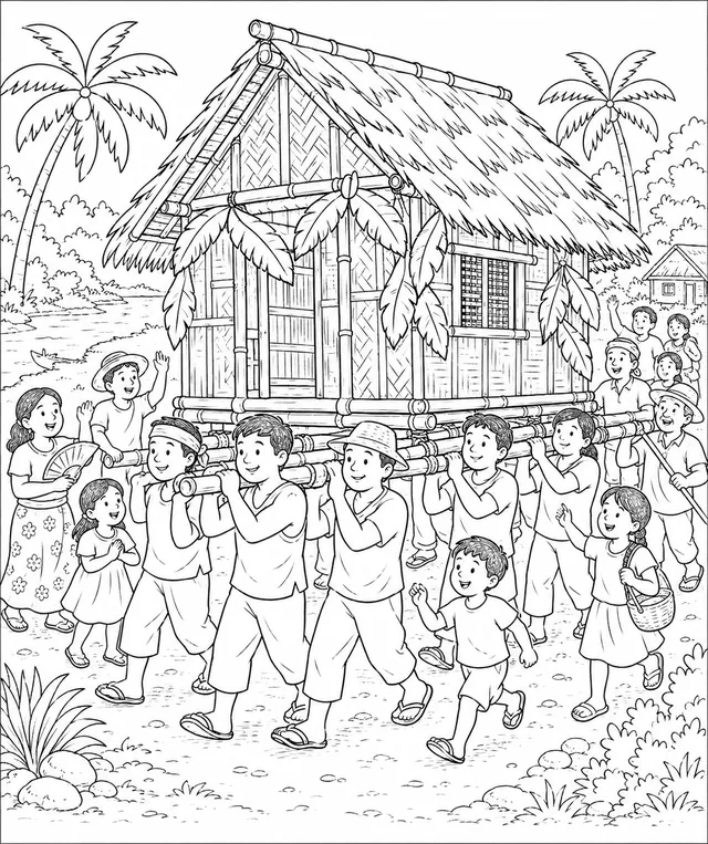 Philippinische Gemeinschaft trägt gemeinsam ein Bambus-Haus nach der Bayanihan-Tradition