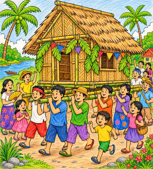 Philippinische Dorfbewohner aller Generationen tragen gemeinsam Bambushaus auf Stangen – Bayanihan-Tradition