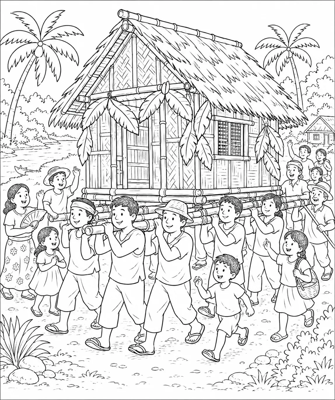 Philippinische Dorfbewohner aller Generationen tragen gemeinsam Bambushaus auf Stangen – Bayanihan-Tradition